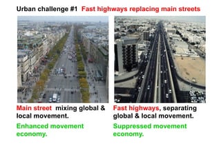 Suppressed movement
economy.
Enhanced movement
economy.
Main street, mixing global &
local movement.
Fast highways, separating
global & local movement.
Urban challenge #1 Fast highways replacing main streets
 