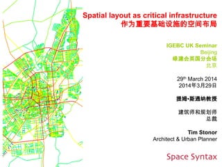Spatial layout as critical infrastructure
作为重要基础设施的空间布局
IGEBC UK Seminar
Beijing
绿建会英国分会场
北京
29th March 2014
2014年3月29日
提姆•斯通纳教授
建筑师和规划师
总裁
Tim Stonor
Architect & Urban Planner
 