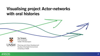 Tim Tompson
PhD Candidate
Twitter @timtompson
Planning and Urban Development
Faculty of the Built Environment
University of NSW
Visualising project Actor-networks
with oral histories
222
 