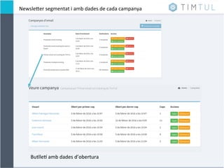ButlleU	
  amb	
  dades	
  d’obertura	
  
NewsleNer	
  segmentat	
  i	
  amb	
  dades	
  de	
  cada	
  campanya	
  
 