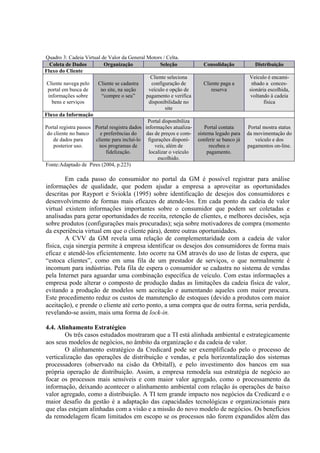 Quadro 3: Cadeia Virtual de Valor da General Motors / Celta.
Coleta de Dados Organização Seleção Consolidação Distribuição
Fluxo do Cliente
Cliente navega pelo
portal em busca de
informações sobre
bens e serviços
Cliente se cadastra
no site, na seção
“compre o seu”
Cliente seleciona
configuração de
veículo e opção de
pagamento e verifica
disponibilidade no
site
Cliente paga a
reserva
Veículo é encami-
nhado a conces-
sionária escolhida,
voltando à cadeia
física
Fluxo da Informação
Portal registra passos
do cliente no banco
de dados para
posterior uso.
Portal resgistra dados
e preferências do
cliente para incluí-lo
nos programas de
fidelização.
Portal disponibiliza
informações atualiza-
das de preços e com-
figurações disponí-
veis, além de
localizar o veículo
escolhido.
Portal contata
sistema legado para
conferir se banco já
recebeu o
pagamento.
Portal mostra status
da movimentação do
veículo e dos
pagamentos on-line.
Fonte:Adaptado de Pires (2004, p.223)
Em cada passo do consumidor no portal da GM é possível registrar para análise
informações de qualidade, que podem ajudar a empresa a aproveitar as oportunidades
descritas por Rayport e Sviokla (1995) sobre identificação de desejos dos consumidores e
desenvolvimento de formas mais eficazes de atende-los. Em cada ponto da cadeia de valor
virtual existem informações importantes sobre o consumidor que podem ser coletadas e
analisadas para gerar oportunidades de receita, retenção de clientes, e melhores decisões, seja
sobre produtos (configurações mais procuradas); seja sobre motivadores de compra (momento
da experiência virtual em que o cliente pára), dentre outras oportunidades.
A CVV da GM revela uma relação de complementaridade com a cadeia de valor
física, cuja sinergia permite à empresa identificar os desejos dos consumidores de forma mais
eficaz e atendê-los eficientemente. Isto ocorre na GM através do uso de listas de espera, que
“estoca clientes”, como em uma fila de um prestador de serviços, o que normalmente é
incomum para indústrias. Pela fila de espera o consumidor se cadastra no sistema de vendas
pela Internet para aguardar uma combinação específica de veículo. Com estas informações a
empresa pode alterar o composto de produção dadas as limitações da cadeia física de valor,
evitando a produção de modelos sem aceitação e aumentando aqueles com maior procura.
Este procedimento reduz os custos de manutenção de estoques (devido a produtos com maior
aceitação), e prende o cliente até certo ponto, a uma compra que de outra forma, seria perdida,
revelando-se assim, mais uma forma de lock-in.
4.4. Alinhamento Estratégico
Os três casos estudados mostraram que a TI está alinhada ambiental e estrategicamente
aos seus modelos de negócios, no âmbito da organização e da cadeia de valor.
O alinhamento estratégico da Credicard pode ser exemplificado pelo o processo de
verticalização das operações de distribuição e vendas, e pela horizontalização dos sistemas
processadores (observado na cisão da Orbitall), e pelo investimento dos bancos em sua
própria operação de distribuição. Assim, a empresa remodela sua estratégia de negócio ao
focar os processos mais sensíveis e com maior valor agregado, como o processamento da
informação, deixando acontecer o alinhamento ambiental com relação ás operações de baixo
valor agregado, como a distribuição. A TI tem grande impacto nos negócios da Credicard e o
maior desafio da gestão é a adaptação das capacidades tecnológicas e organizacionais para
que elas estejam alinhadas com a visão e a missão do novo modelo de negócios. Os benefícios
da remodelagem ficam limitados em escopo se os processos não forem expandidos além das
 