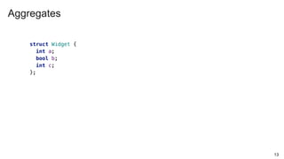 Aggregates
13
struct Widget {
int a;
bool b;
int c;
};
 