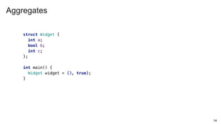 Aggregates
14
struct Widget {
int a;
bool b;
int c;
};
int main() {
Widget widget = {3, true};
}
 