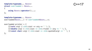 80
template<typename... Bases>
struct overloaded : Bases...
{
using Bases::operator()...;
};
template<typename... Bases>
overloaded(Bases...) -> overloaded<Bases...>;
overloaded printer = {
[](auto arg) { std::cout << arg << ' '; },
[](double arg) { std::cout << std::fixed << arg << ' '; },
[](const char* arg) { std::cout << std::quoted(arg) << ' '; }
};
C++17
 