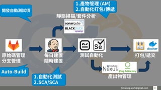 timwang.work@gmail.com 11
11
原始碼管理
分支管理
每日建置
隨時建置
靜態掃描/套件分析
測試自動化
產出物管理
打包/遞交
Auto-Build
1.自動化測試
2.SCA/SCA
1.產物管理 (AM)
2.自動化打包/傳遞
開發自動測試項
 