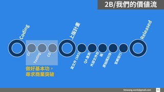 timwang.work@gmail.com 35
35
2B/我們的價值流
做好基本功，
尋求商業突破
 