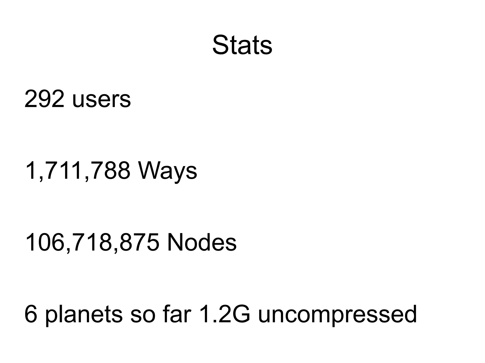 Stats
292 users
1,711,788 Ways
106,718,875 Nodes
6 planets so far 1.2G uncompressed
 