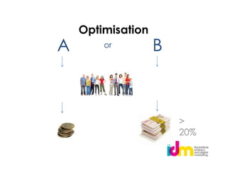 Optimisation
A       or         B



                       >
                       20%
 