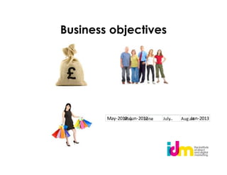 Business objectives




        May-2012 Jun-2012 …
               May      June      …
                               July       Jun-2013
                                      August
 
