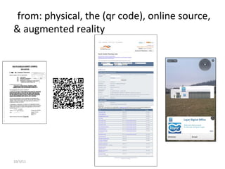 10/3/11
from: physical, the (qr code), online source,
& augmented reality
 
