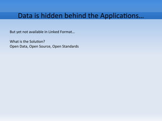 Data is hidden behind the Applications…
But yet not available in Linked Format…
What is the Solution?
Open Data, Open Source, Open Standards
 