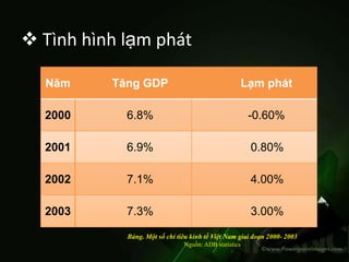  Tình hình lạm phát

  Năm     Tăng GDP                                     Lạm phát

  2000      6.8%                                        -0.60%

  2001      6.9%                                        0.80%

  2002      7.1%                                        4.00%

  2003      7.3%                                        3.00%

            Bảng. Một số chỉ tiêu kinh tế Việt Nam giai đoạn 2000- 2003
                               Nguồn: ADB statistics
 