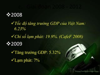 c. Giai đoạn 2008 - 2012
2008
 Tốc độ tăng trưởng GDP của Việt Nam:
  6.23%
 Chỉ số lạm phát: 19.9%. (CafeF 2008)
2009
 Tăng trưởng GDP: 5.32%
 Lạm phát: 7%
 
