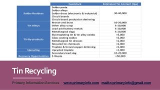 TinRecycling
Primary Information Services www.primaryinfo.com mailto:primaryinfo@gmail.com
 