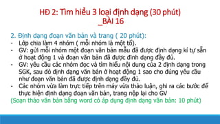 H? 2: Tm hi?u 3 lo?i ??nh d?ng (30 pht)
_B?I 16
2. ??nh d?ng ?o?n v?n b?n v trang ( 20 pht):
- L?p chia lm 4 nhm ( m?i nhm l m?t t?).
- GV: g?i m?i nhm m?t ?o?n v?n b?n m?u ?? ???c ??nh d?ng k t? s?n
? ho?t ??ng 1 v ?o?n v?n b?n ?? ???c ?inh d?ng ??y ??.
- GV: yu c?u cc nhm ??c v tm hi?u n?i dung c?a 2 ??nh d?ng trong
SGK, sau ? ??nh d?ng v?n b?n ? ho?t ??ng 1 sao cho ?ng yu c?u
nh? ?o?n v?n b?n ?? ???c ??nh d?ng ??y ??.
- Cc nhm v?a lm tr?c ti?p trn my v?a th?o lu?n, ghi ra cc b??c ??
th?c hi?n ??nh d?ng ?o?n v?n b?n, trang n?p l?i cho GV
(So?n th?o v?n b?n b?ng word c p d?ng ??nh d?ng v?n b?n: 10 pht)
 