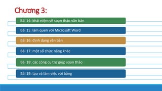 Ch??ng 3:
Bi 14: khi ni?m v? so?n th?o v?n b?n
Bi 15: lm quen v?i Microsoft Word
Bi 16: ??nh d?ng v?n b?n
Bi 17: m?t s? ch?c n?ng khc
Bi 18: cc c?ng c? tr? gip so?n th?o
Bi 19: t?o v lm vi?c v?i b?ng
 