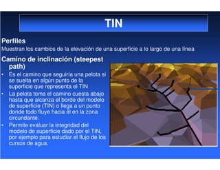 TIN
Camino de inclinación (steepest
path)
• Es el camino que seguiría una pelota si
se suelta en algún punto de la
superficie que representa el TIN
• La pelota toma el camino cuesta abajo
hasta que alcanza el borde del modelo
de superficie (TIN) o llega a un punto
donde todo fluye hacia él en la zona
circundante.
• Permite evaluar la integridad del
modelo de superficie dado por el TIN,
por ejemplo para estudiar el flujo de los
cursos de agua.
Perfiles
Muestran los cambios de la elevación de una superficie a lo largo de una línea
 