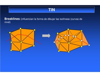 TIN
Breaklines (influencian la forma de dibujar las isolíneas (curvas de
nivel)
 
