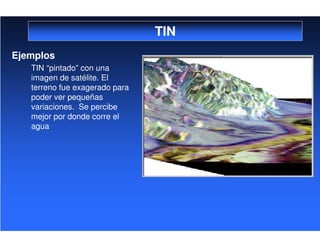 TIN
Ejemplos
TIN “pintado” con una
imagen de satélite. El
terreno fue exagerado para
poder ver pequeñas
variaciones. Se percibe
mejor por donde corre el
agua
 