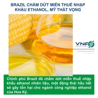 BRAZIL CHẤM DỨT MIỄN THUẾ NHẬP
KHẨU ETHANOL, MỸ THẤT VỌNG
Chính phủ Brazil đã chấm dứt miễn thuế nhập
khẩu ethanol nhiên liệu, một động thái hầu hết
sẽ gây tổn hại cho ngành công nghiệp ethanol
của Hoa Kỳ.
 