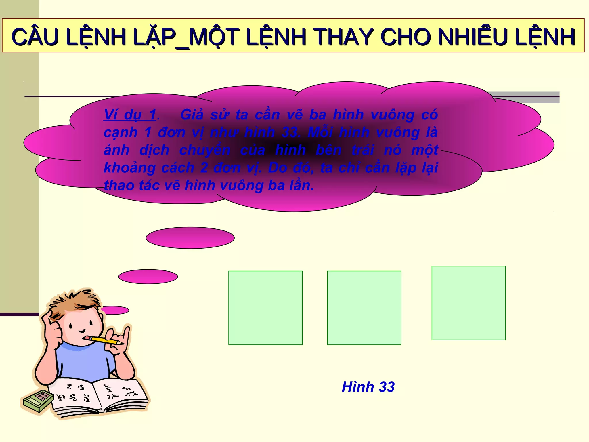 CÂU LỆNH LẶP_MỘT LỆNH THAY CHO NHIỀU LỆNHCÂU LỆNH LẶP_MỘT LỆNH THAY CHO NHIỀU LỆNH
Ví dụ 1. Giả sử ta cần vẽ ba hình vuông có
cạnh 1 đơn vị như hình 33. Mỗi hình vuông là
ảnh dịch chuyển của hình bên trái nó một
khoảng cách 2 đơn vị. Do đó, ta chỉ cần lặp lại
thao tác vẽ hình vuông ba lần.
Hình 33
 