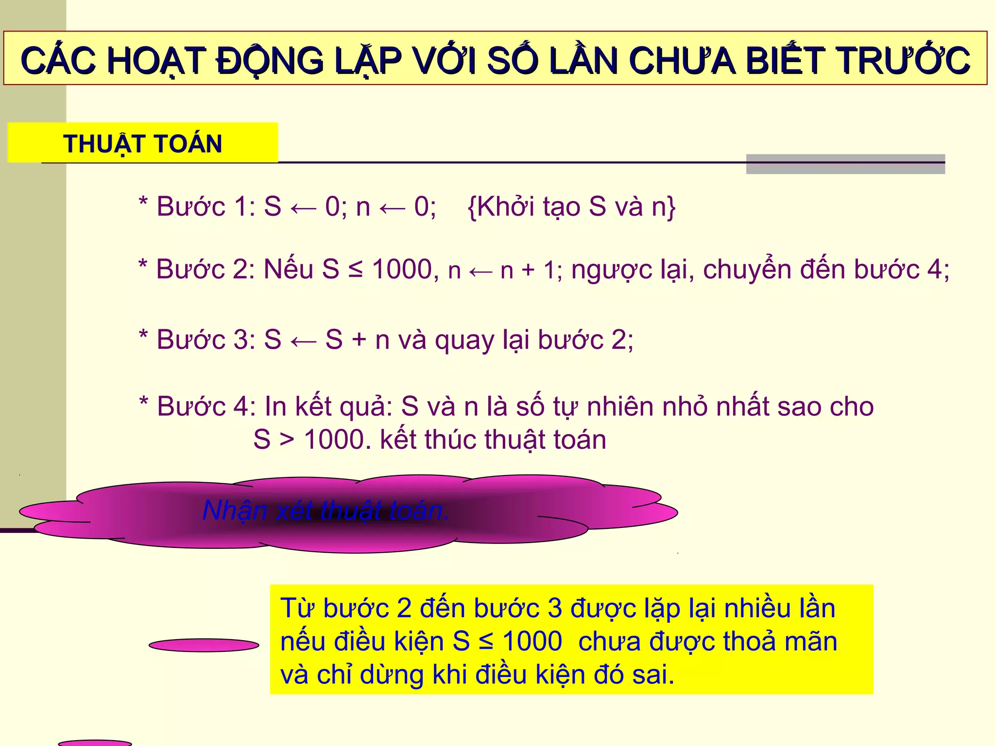 THUẬT TOÁN
Nhận xét thuật toán.
* Bước 4: In kết quả: S và n là số tự nhiên nhỏ nhất sao cho
S > 1000. kết thúc thuật toán
* Bước 1: S ← 0; n ← 0; {Khởi tạo S và n}
* Bước 2: Nếu S ≤ 1000, n ← n + 1; ngược lại, chuyển đến bước 4;
* Bước 3: S ← S + n và quay lại bước 2;
Từ bước 2 đến bước 3 được lặp lại nhiều lần
nếu điều kiện S ≤ 1000 chưa được thoả mãn
và chỉ dừng khi điều kiện đó sai.
CÁC HOẠT ĐỘNG LẶP VỚI SỐ LẦN CHƯA BIẾT TRƯỚCCÁC HOẠT ĐỘNG LẶP VỚI SỐ LẦN CHƯA BIẾT TRƯỚC
 