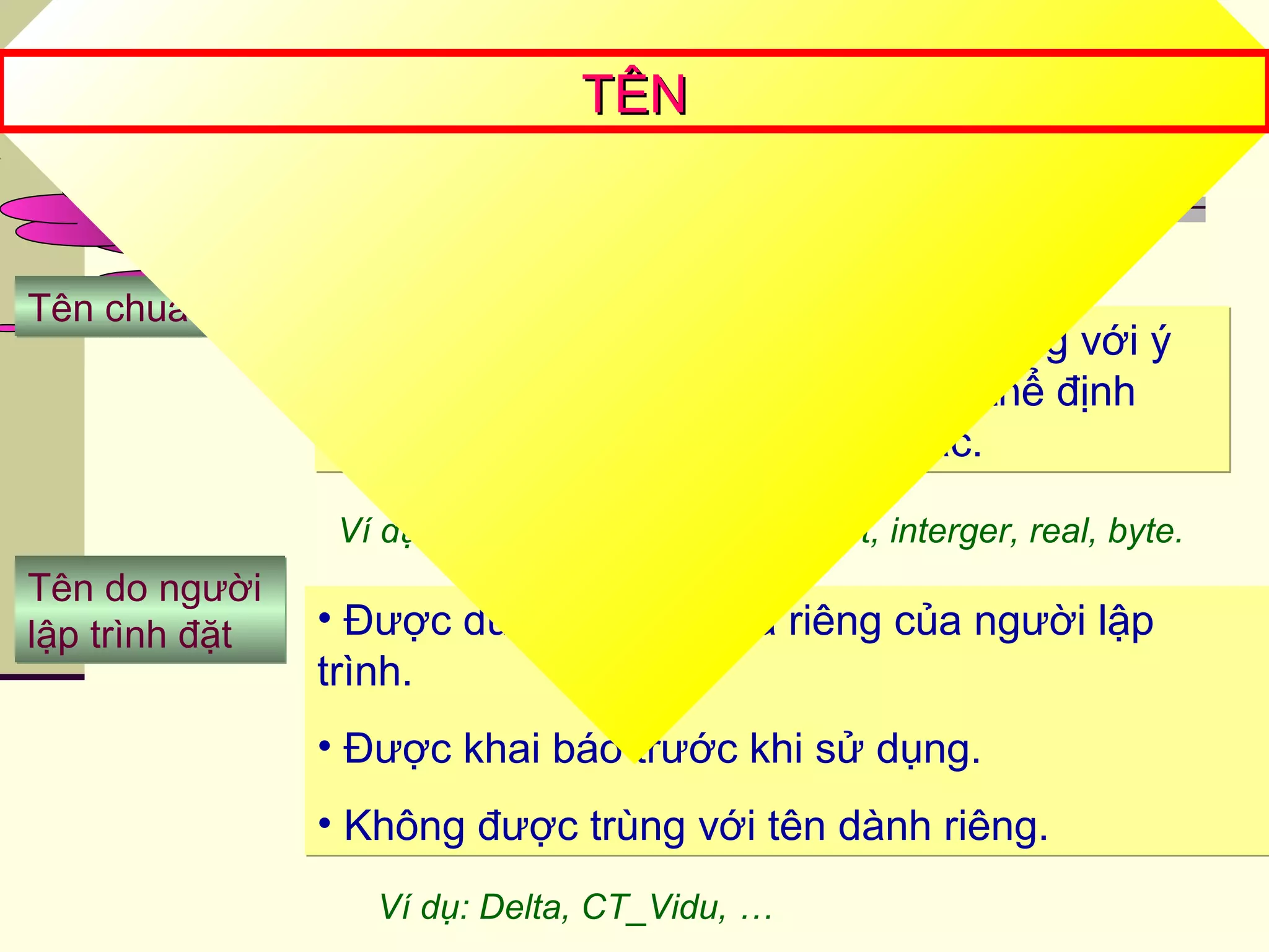Trong ngôn ngữ lập trình,
có bao nhiêu loại tên?
Tên chuẩnTên chuẩn
Tên do người
lập trình đặt
Tên do người
lập trình đặt
Được ngôn ngữ lập trình quy định dùng với ý
nghĩa nhất định, người lập trình có thể định
nghĩa lại để dùng với ý nghĩa khác.
Được ngôn ngữ lập trình quy định dùng với ý
nghĩa nhất định, người lập trình có thể định
nghĩa lại để dùng với ý nghĩa khác.
• Được dùng với ý nghĩa riêng của người lập
trình.
• Được khai báo trước khi sử dụng.
• Không được trùng với tên dành riêng.
• Được dùng với ý nghĩa riêng của người lập
trình.
• Được khai báo trước khi sử dụng.
• Không được trùng với tên dành riêng.
Ví dụ: Trong Pascal: abs, sqr, sqrt, interger, real, byte.
Ví dụ: Delta, CT_Vidu, …
TÊNTÊN
 