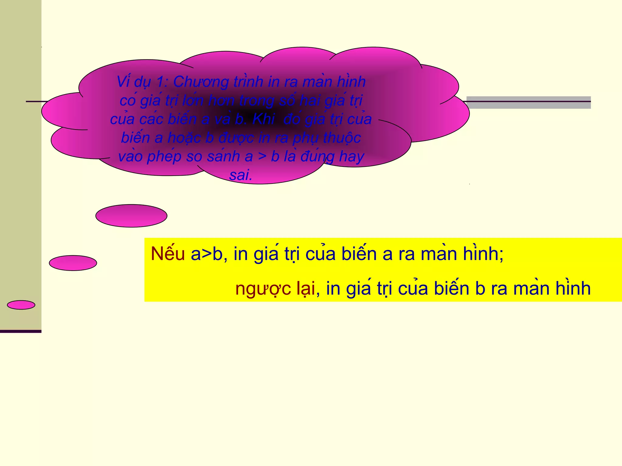 Ví dụ 1: Chương trình in ra màn hình
có giá trị lớn hơn trong số hai giá trị
của các biến a và b. Khi đó giá trị của
biến a hoặc b được in ra phụ thuộc
vào phép so sánh a > b là đúng hay
sai.
Nếu a>b, in giá trị của biến a ra màn hình;
ngược lại, in giá trị của biến b ra màn hình
 