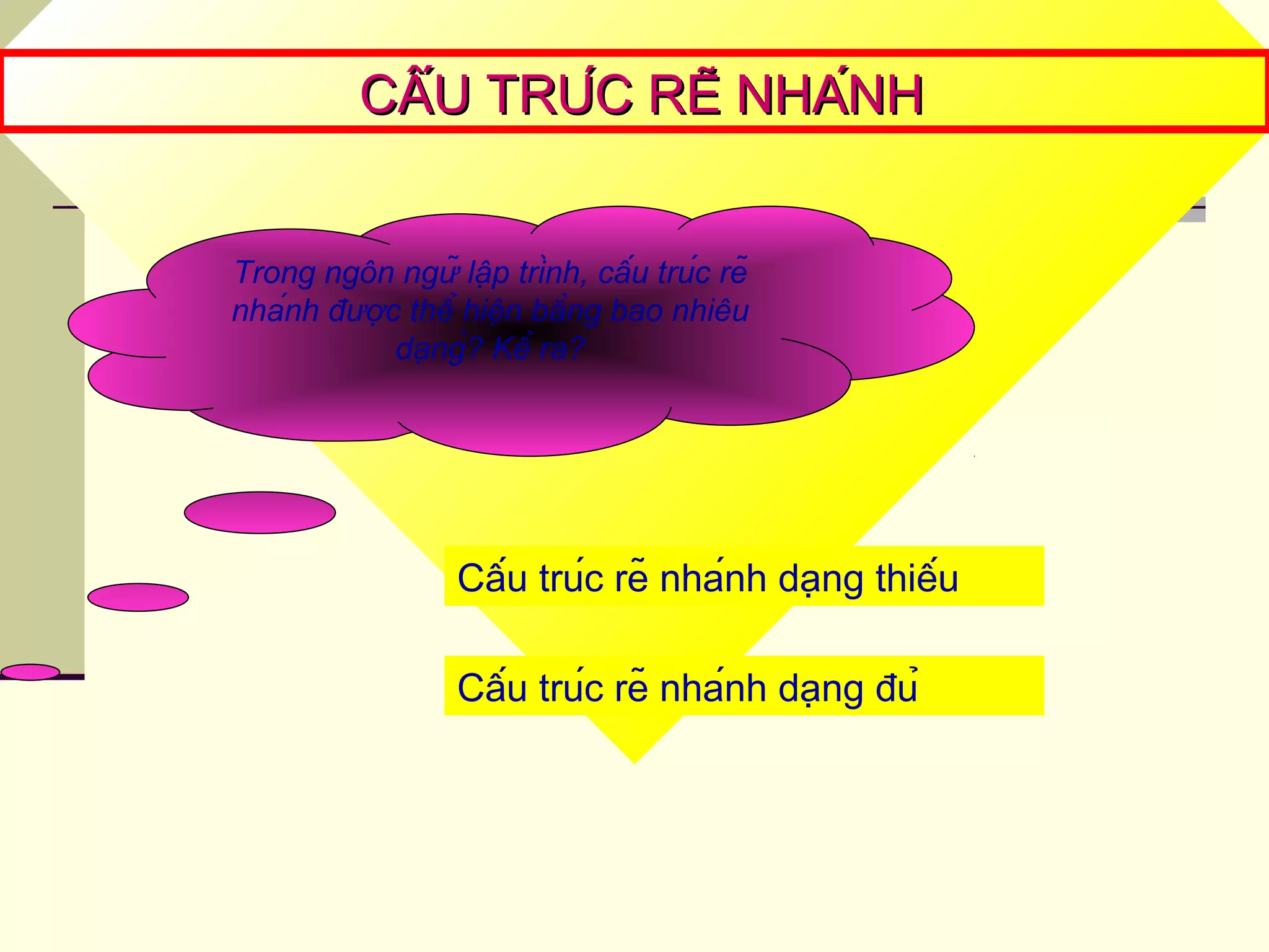 CẤU TRÚC RẼ NHÁNHCẤU TRÚC RẼ NHÁNH
Trong ngôn ngữ lập trình, cấu trúc rẽ
nhánh được thể hiện bằng bao nhiêu
dạng̀? Kể ra?
Cấu trúc rẽ nhánh dạng thiếu
Cấu trúc rẽ nhánh dạng đủ
 