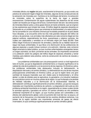 minerales afecta una región del país, exactamente la Amazonia, ya que existe una
práctica de extracción legal e ilegal de minerales, algunas de las consecuencias de
la extracción de minerales son: Cambios en la morfología del terreno: la extracción
de minerales sobre la superficie de la tierra da lugar a grandes
excavaciones. Contaminación de aguas subterráneas: los desechos de las minas
suelen ser lavados por el agua de la lluvia. Contaminación del aire: las extracciones
de minerales liberan polvo y otros gases tóxicos al medio ambiente, que se originan
en las explosiones que rompen las rocas. El tráfico ilegal de especies silvestres en
Venezuela es un problema grave que amenaza la biodiversidad y la salud pública.
Se ha convertido en una industria criminal que ha estado presente en el país desde
hace décadas, y se encuentra entre los tres más grandes después del tráfico de
armas y de personas. Los animales más afectados por este comercio ilegal son los
pájaros exóticos, especialmente los loros, guacamayos y pájaros cantores, los
cuales son capturados y vendidos en el mercado negro por hasta $5,000. Este
tráfico ilegal involucra la extracción de animales y plantas de su hábitat natural sin
seguir las leyes ambientales, lo que lleva a la disminución de las poblaciones de
algunas especies y puede incluso conducir a la extinción. Además, este comercio
ilegal amenaza la salud pública, ya que muchas enfermedades emergentes tienen
un origen zoonótico, es decir, provienen de los animales. Es importante concienciar
a la población sobre los peligros del tráfico ilegal de especies silvestres y tomar
medidas para detener esta práctica, como la construcción de centros de rescate y
rehabilitación.
Los problemas ambientales son una preocupación común a nivel regional en
todo el mundo, ya que la degradación ambiental tiene un impacto significativo en la
calidad de vida de la población y en la economía de las regiones. En América Latina,
los problemas ambientales más destacados incluyen la deforestación, la
degradación del suelo y el cambio climático. La deforestación es una de las mayores
preocupaciones ambientales en América Latina, ya que la región tiene una gran
cantidad de bosques tropicales que son vitales para la biodiversidad y el clima
global. La tala de árboles para la agricultura, la ganadería y la industria maderera
es una práctica común en muchos países de la región, lo que ha llevado a la pérdida
de hábitats naturales y a la disminución de la biodiversidad. Además, la
deforestación contribuye significativamente al cambio climático, ya que los bosques
tropicales son importantes sumideros de carbono. La degradación del suelo es otro
problema ambiental importante en la región, especialmente en áreas rurales donde
la actividad agrícola y ganadera es común. El cambio climático es otro problema
ambiental importante en la región, ya que muchos países son vulnerables a los
efectos del calentamiento global, como el aumento del nivel del mar, la sequía y el
aumento de la frecuencia y la intensidad de los eventos climáticos extremos. Los
países de la región también son importantes emisores de gases de efecto
invernadero, lo que contribuye significativamente al cambio climático global.
 