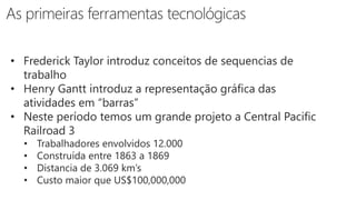 • Frederick Taylor introduz conceitos de sequencias de
trabalho
• Henry Gantt introduz a representação gráfica das
atividades em “barras”
• Neste período temos um grande projeto a Central Pacific
Railroad 3
• Trabalhadores envolvidos 12.000
• Construída entre 1863 a 1869
• Distancia de 3.069 km’s
• Custo maior que US$100,000,000
 