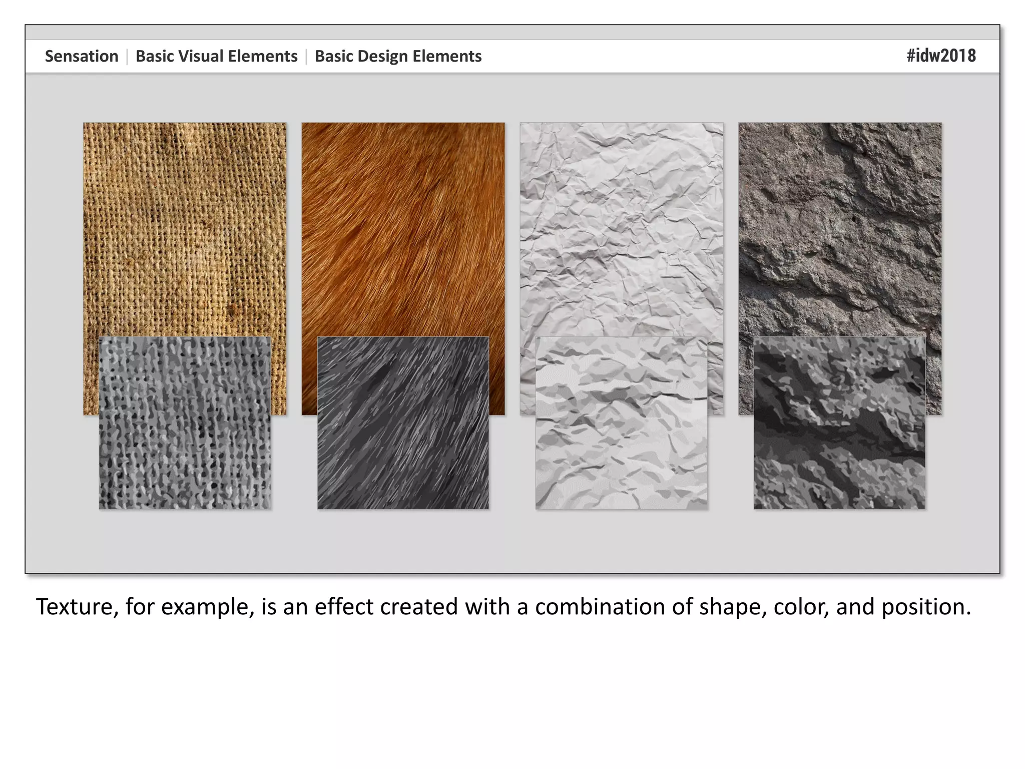 Texture, for example, is an effect created with a combination of shape, color, and position.
 