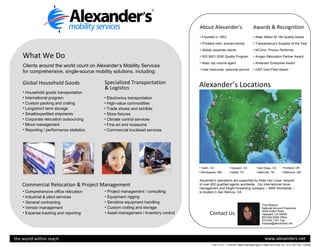 the world within reach www.alexanders.net What We Do Clients around the world count on Alexander’s Mobility Services for comprehensive, single-source mobility solutions, including: Global Household Goods ,[object Object],[object Object],[object Object],[object Object],[object Object],[object Object],[object Object],[object Object],Specialized Transportation & Logistics ,[object Object],[object Object],[object Object],[object Object],[object Object],[object Object],[object Object],Commercial Relocation & Project Management ,[object Object],[object Object],[object Object],[object Object],[object Object],[object Object],[object Object],[object Object],[object Object],[object Object],About Alexander’s Awards & Recognition ,[object Object],[object Object],[object Object],[object Object],[object Object],[object Object],[object Object],[object Object],[object Object],[object Object],[object Object],[object Object],[object Object],[object Object],[object Object],[object Object],[object Object],[object Object],[object Object],[object Object],Contact Us Alexander’s operations are supported by Atlas Van Lines’ network of over 800 qualified agents worldwide.  Our international move management and freight forwarding company – AMS Worldwide – is located in San Marcos, CA. Tina Reposa National Account Executive 3528 Arden Road Hayward, CA 94545 800.654.6556 Office 510.520.1781 Cell [email_address] Alexander’s Locations CAL P.U.C. T-123720 / Atlas Interstate Agent / Atlas Van Lines, Inc.  U.S. DOT No. 125550 