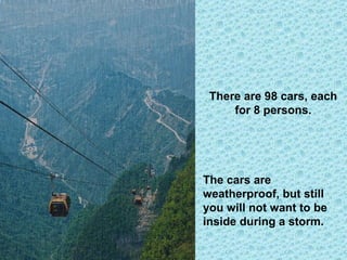 There are 98 cars, each for 8 persons. The cars are weatherproof, but still you will not want to be inside during a storm. 