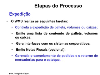 • O WMS realiza as seguintes tarefas:
• Controla a expedição de pallets, volumes ou caixas;
• Emite uma lista de conteúdo de pallets, volumes
ou caixas;
• Gera interfaces com os sistemas corporativos;
• Emite Notas Fiscais (opcional);
• Gerencia o cancelamento de pedidos e o retorno de
mercadorias para o estoque.
Expedição
Etapas do Processo
Prof. Thiago Casácio
 