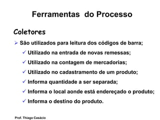  São utilizados para leitura dos códigos de barra;
 Utilizado na entrada de novas remessas;
 Utilizado na contagem de mercadorias;
 Utilizado no cadastramento de um produto;
 Informa quantidade a ser separada;
 Informa o local aonde está endereçado o produto;
 Informa o destino do produto.
Ferramentas do Processo
Coletores
Prof. Thiago Casácio
 