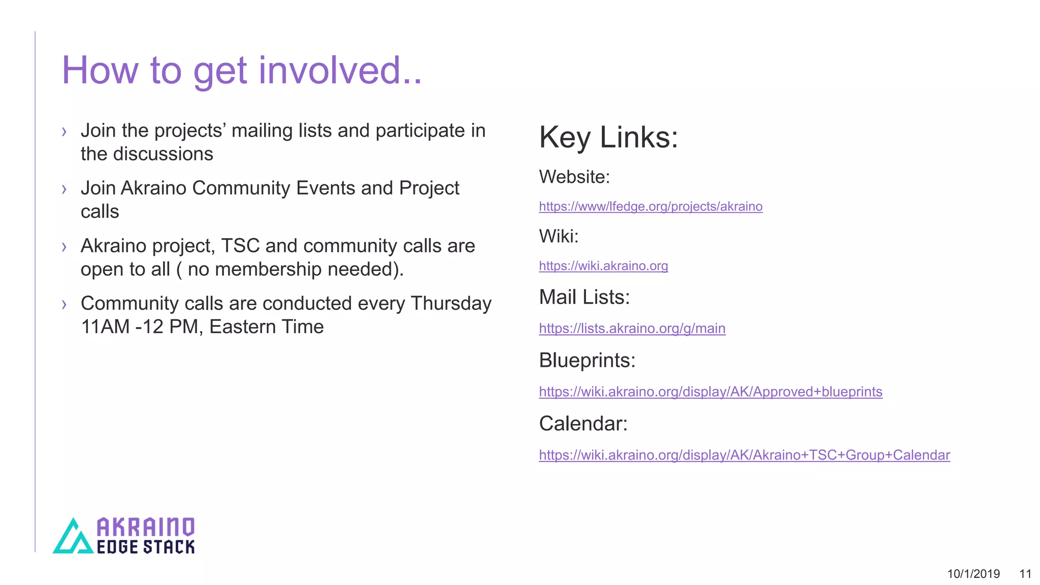 How to get involved..
› Join the projects’ mailing lists and participate in
the discussions
› Join Akraino Community Events and Project
calls
› Akraino project, TSC and community calls are
open to all ( no membership needed).
› Community calls are conducted every Thursday
11AM -12 PM, Eastern Time
Key Links:
Website:
https://www/lfedge.org/projects/akraino
Wiki:
https://wiki.akraino.org
Mail Lists:
https://lists.akraino.org/g/main
Blueprints:
https://wiki.akraino.org/display/AK/Approved+blueprints
Calendar:
https://wiki.akraino.org/display/AK/Akraino+TSC+Group+Calendar
10/1/2019 11
 