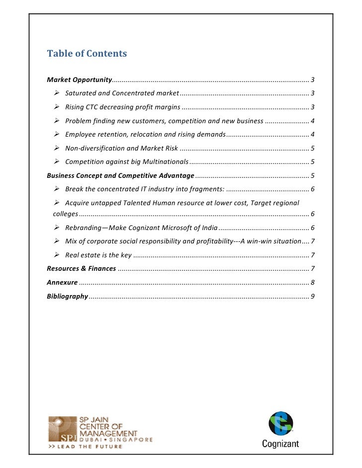 business plan table of contents