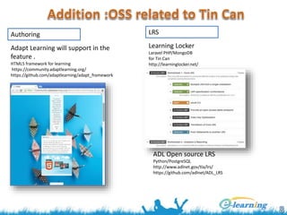 Adapt Learning will support in the
feature .
HTML5 framework for learning
https://community.adaptlearning.org/
https://github.com/adaptlearning/adapt_framework
Authoring LRS
Learning Locker
Laravel PHP/MongoDB
for Tin Can
http://learninglocker.net/
ADL Open source LRS
Python/PostgreSQL
http://www.adlnet.gov/tla/lrs/
https://github.com/adlnet/ADL_LRS
 