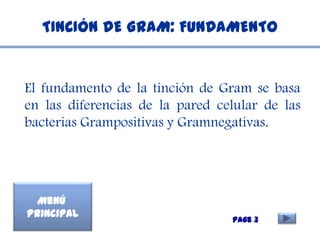 TINCIÓN DE GRAM: FUNDAMENTO


El fundamento de la tinción de Gram se basa
en las diferencias de la pared celular de las
bacterias Grampositivas y Gramnegativas.




  Menú
Principal
                                 Page 3
 