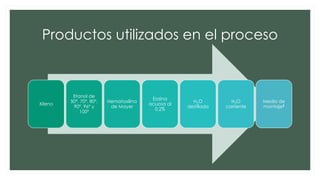 Productos utilizados en el proceso
Xileno
Etanol de
50º, 70º, 80º,
90º, 96º y
100º
Hematoxilina
de Mayer
Eosina
acuosa al
0.2%
H2O
destilada
H2O
corriente
Medio de
montaje3
 
