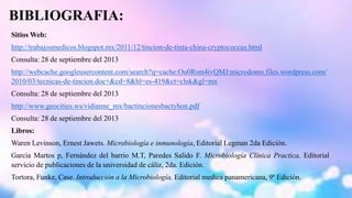 BIBLIOGRAFIA: 
SitiosWeb: 
http://trabajosmedicos.blogspot.mx/2011/12/tincion-de-tinta-china-cryptococcus.html 
Consulta: 28 de septiembre del 2013 
http://webcache.googleusercontent.com/search?q=cache:Ou0Rsm4ivQMJ:microdonto.files.wordpress.com/ 
2010/03/tecnicas-de-tincion.doc+&cd=8&hl=es-419&ct=clnk&gl=mx 
Consulta: 28 de septiembre del 2013 
http://www.geocities.ws/vidianne_mx/bactincionesbactyhon.pdf 
Consulta: 28 de septiembre del 2013 
Libros: 
Waren Levinson, Ernest Jawets. Microbiología e inmunología, Editorial Legman 2da Edición. 
Garcia Martos p, Fernández del barrio M.T, Paredes Salido F. Microbiología Clínica Practica, Editorial 
servicio de publicaciones de la universidad de cáliz, 2da. Edición. 
Tortora, Funke, Case. Introducción a la Microbiología, Editorial medica panamericana, 9ª Edición. 
