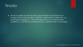Tinción


Técnica auxiliar en microscopía para mejorar el contraste en la
imagen vista al microscopio. También se denomina coloración, ya
que implica agregar un colorante específico a un sustrato para
cualificar o cuantificar la presencia de un determinado compuesto.

Diccionario en línea. Invitrotv.com. 1 de octubre de 2013.

 