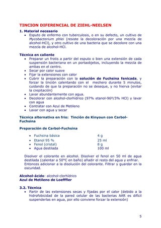 5
TINCION DIFERENCIAL DE ZIEHL-NEELSEN
1. Material necesario
• Esputo de enfermo con tuberculosis, o en su defecto, un cultivo de
Mycobacterium phlei (resiste la decoloración por una mezcla de
alcohol-HCl), y otro cultivo de una bacteria que se decolore con una
mezcla de alcohol-HCl.
Técnica en caliente
• Preparar un frotis a partir del esputo o bien una extensión de cada
suspensión bacteriana en un portaobjetos, incluyendo la mezcla de
ambas en el centro.
• Secar por calor suave
• Fijar la extensiones con calor
• Cubrir la preparación con la solución de Fuchsina fenicada, y
forzar la tinción calentando con el mechero durante 5 minutos,
cuidando de que la preparación no se deseque, y no hierva (evitar
la crepitación)
• Lavar abundantemente con agua.
• Decolorar con alcohol-clorhídrico (97% etanol-96º/3% HCl) y lavar
con agua
• Contratar con Azul de Metileno
• Lavar con agua y secar
Técnica alternativa en frio: Tinción de Kinyoun con Carbol-
Fuchsina
Preparación de Carbol-Fuchsina
• Fuchsina básica 4 g
• Etanol 95 % 25 ml
• Fenol (cristal) 8 g
• Agua destilada 100 ml
Disolver el colorante en alcohol. Disolver el fenol en 50 ml de agua
destilada (calentar a 50°C en baño) añadir el resto del agua y enfriar.
Entonces adicionar a la disolución del colorante. Filtrar y guardar en la
oscuridad.
Alcohol-ácido: alcohol-clorhídrico
Azul de Metileno de Loefffler
3.2. Técnica
• Partir de las extensiones secas y fijadas por el calor (debido a la
hidrofobicidad de la pared celular de las bacterias AAR es difícil
suspenderlas en agua, por ello conviene forzar la extensión)
 