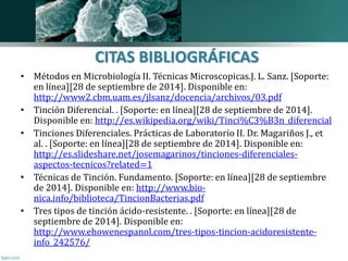 CITAS BIBLIOGRÁFICAS 
• Métodos en Microbiología II. Técnicas Microscopicas.J. L. Sanz. [Soporte: 
en línea][28 de septiembre de 2014]. Disponible en: 
http://www2.cbm.uam.es/jlsanz/docencia/archivos/03.pdf 
• Tinción Diferencial. . [Soporte: en línea][28 de septiembre de 2014]. 
Disponible en: http://es.wikipedia.org/wiki/Tinci%C3%B3n_diferencial 
• Tinciones Diferenciales. Prácticas de Laboratorio II. Dr. Magariños J., et 
al. . [Soporte: en línea][28 de septiembre de 2014]. Disponible en: 
http://es.slideshare.net/josemagarinos/tinciones-diferenciales-aspectos- 
tecnicos?related=1 
• Técnicas de Tinción. Fundamento. [Soporte: en línea][28 de septiembre 
de 2014]. Disponible en: http://www.bio-nica. 
info/biblioteca/TincionBacterias.pdf 
• Tres tipos de tinción ácido-resistente. . [Soporte: en línea][28 de 
septiembre de 2014]. Disponible en: 
http://www.ehowenespanol.com/tres-tipos-tincion-acidoresistente-info_ 
242576/ 
 