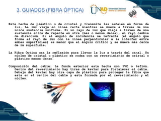 Esta hecha de plástico o de cristal y transmite las señales en forma de
luz, La luz viaja en línea recta mientras se mueve a través de una
única sustancia uniforme. Si un rayo de luz que viaja a través de una
sustancia entra de repente en otra (mas o menos densa), el rayo cambia
de dirección. Si el ángulo de incidencia se refracta (el ángulo que
forma el rayo de luz con la línea perpendicular a la interfaz entre
ambas superficies) es menor que el ángulo critico y se mueve más cerca
de la superficie.
La Fibra Óptica usa la reflexión para llevar la luz a través del canal. Un
núcleo de cristal o plástico se rodea con un revestimiento de cristal o
plástico menos denso.
Composición del cable: La funda exterior esta hecha con PVC o teflón.
Dentro del revestimiento hay tiras de kevlar para fortalecer el cable.
Debajo del kevlar hay otra capa de plástico para proteger la fibra que
esta en el centro del cable y esta formada por el revestimiento y el
núcleo.

 