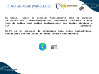 El medio, (aire) es conocido técnicamente como el espectro
radioeléctrico o electromagnético. Comúnmente conocemos a este
tipo de medios como medios inalámbricos; del inglés wireless o
sin
alambres.
Wi-Fi es un conjunto de estándares para redes inalámbricas.
Creado para ser utilizado en redes locales inalámbricas.

 