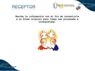 Recibe la información con el fin de convertirla
a su forma original para luego ser procesada e
interpretada.

 