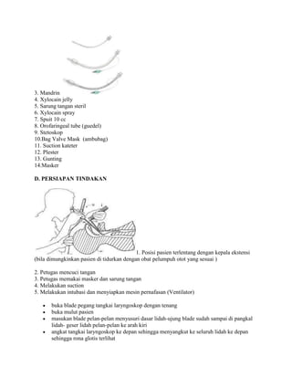 3. Mandrin
4. Xylocain jelly
5. Sarung tangan steril
6. Xylocain spray
7. Spuit 10 cc
8. Orofaringeal tube (guedel)
9. Stetoskop
10.Bag Valve Mask (ambubag)
11. Suction kateter
12. Plester
13. Gunting
14.Masker
D. PERSIAPAN TINDAKAN

1. Posisi pasien terlentang dengan kepala ekstensi
(bila dimungkinkan pasien di tidurkan dengan obat pelumpuh otot yang sesuai )
2. Petugas mencuci tangan
3. Petugas memakai masker dan sarung tangan
4. Melakukan suction
5. Melakukan intubasi dan menyiapkan mesin pernafasan (Ventilator)
buka blade pegang tangkai laryngoskop dengan tenang
buka mulut pasien
masukan blade pelan-pelan menyusuri dasar lidah-ujung blade sudah sampai di pangkal
lidah- geser lidah pelan-pelan ke arah kiri
angkat tangkai laryngoskop ke depan sehingga menyangkut ke seluruh lidah ke depan
sehingga rona glotis terlihat

 