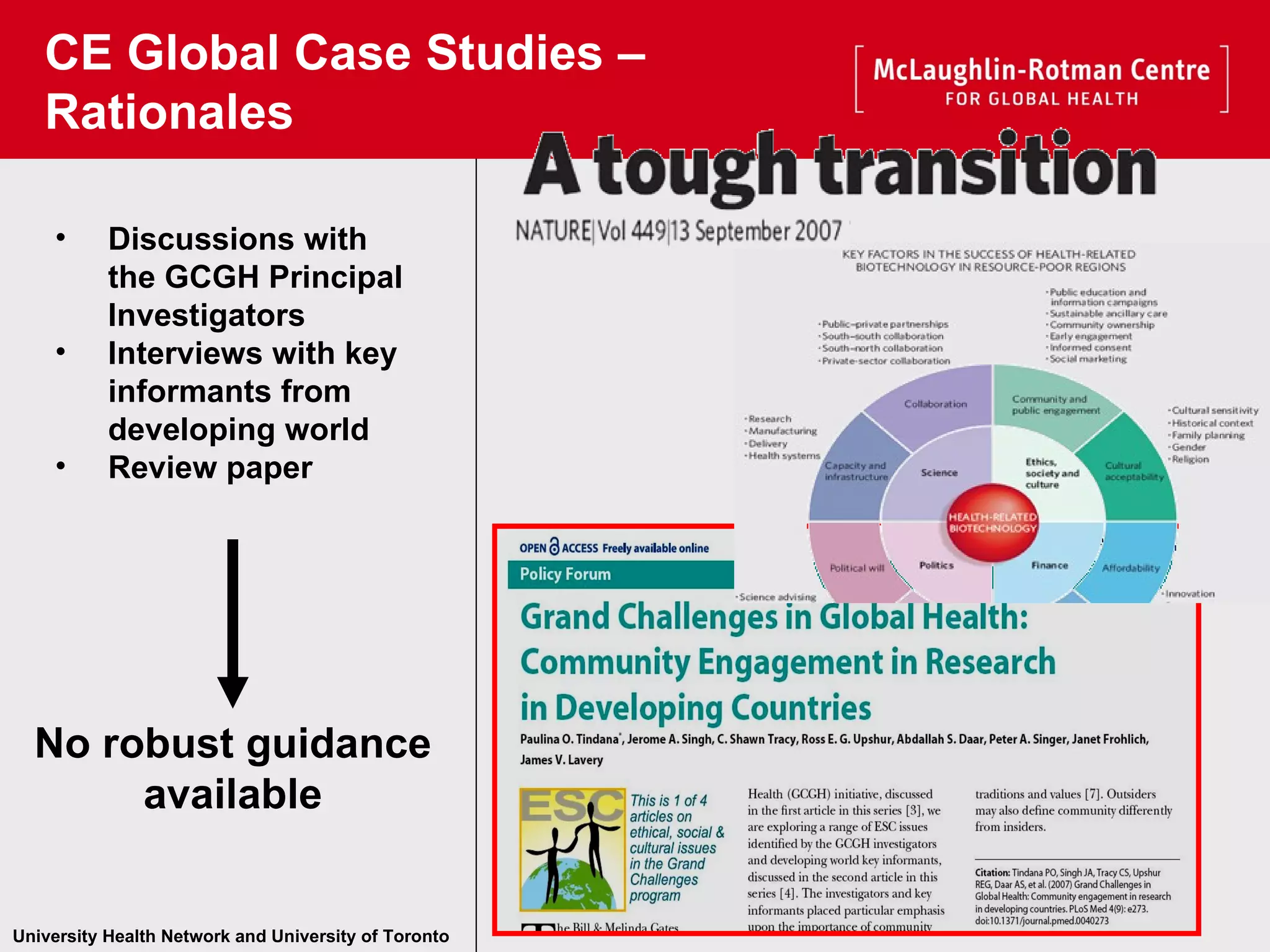 CE Global Case Studies – Rationales Discussions with the GCGH Principal Investigators  Interviews with key informants from developing world Review paper No robust guidance available 